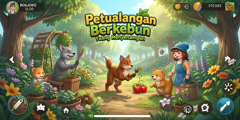 Screenshot game BOSJOKO menampilkan pengalaman berkebun yang seru dan interaktif.