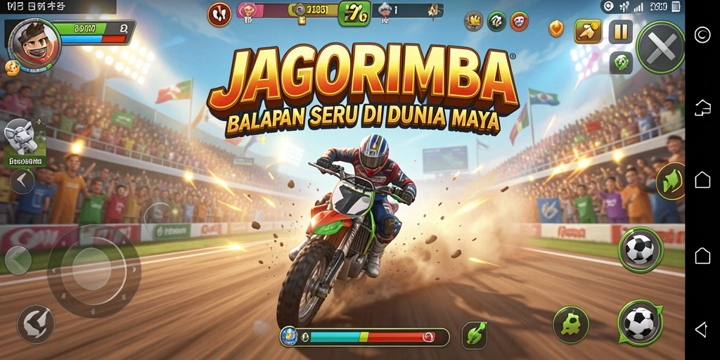 Screenshot utama JAGORIMBA menampilkan aksi balapan yang intens.
